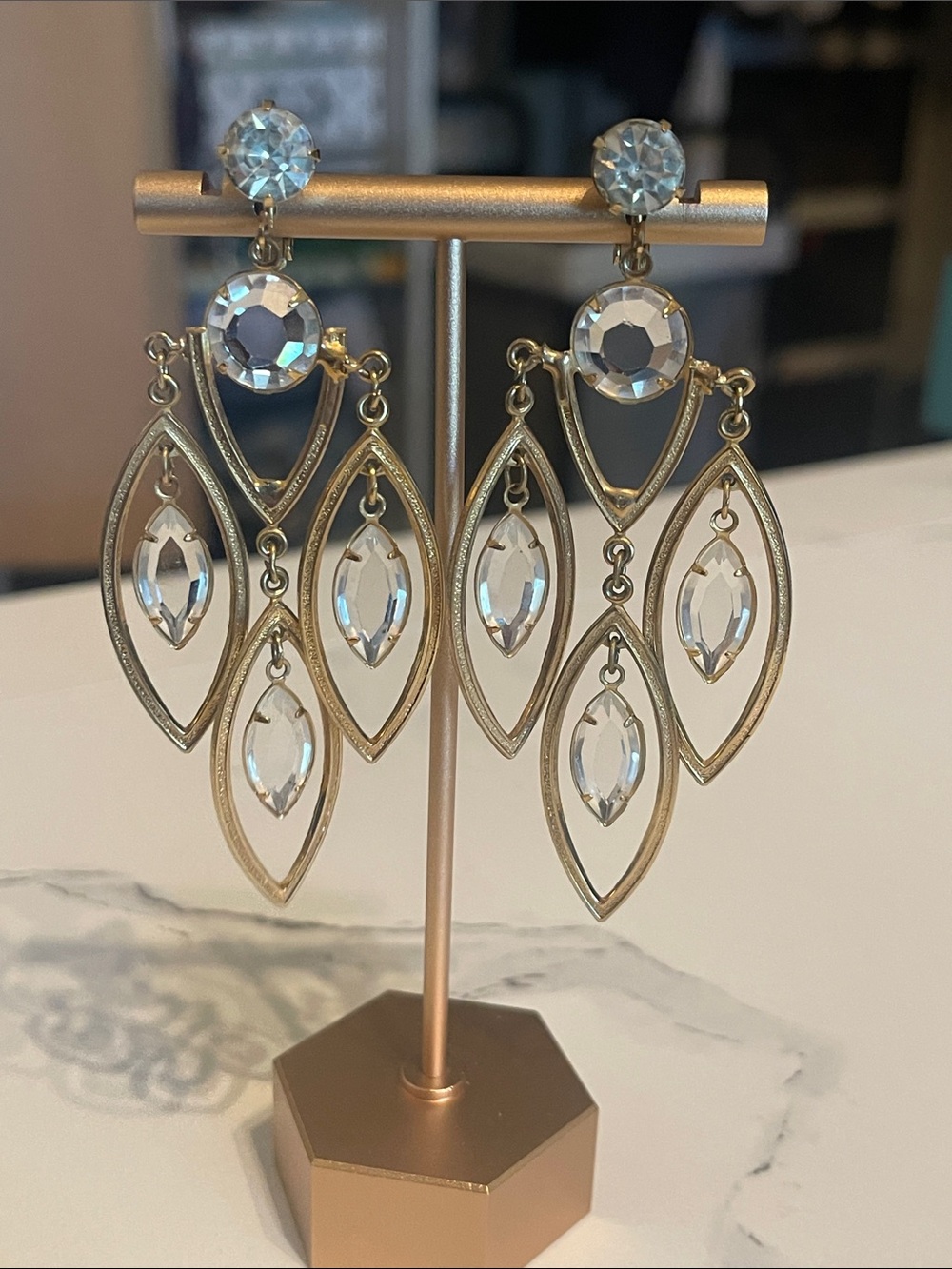 Gold tone and Clear Crystal like Chandelier Earrings - Women Jewelry- clip ons